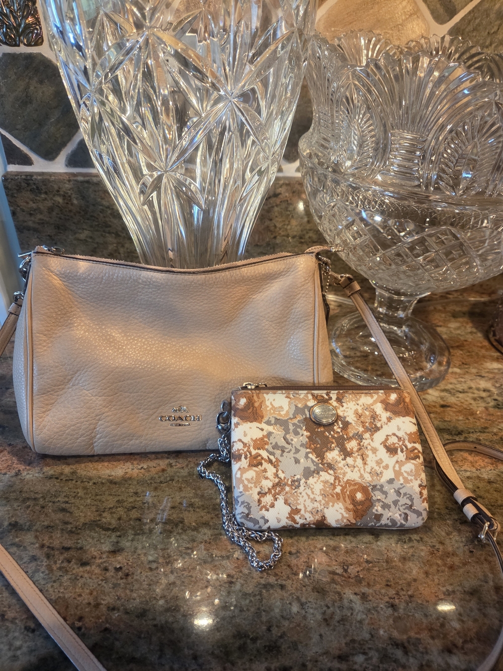 COACH Pebble Leather Crossbody Bag in Light Beige with Floral Wristlet
